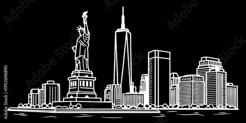 USA, US, U.S, United States - New York City skyline ultra minimalist svg black white thin line buildings flat vector clean silhouette
