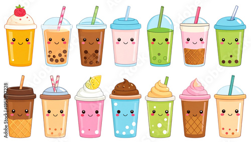 Refreshing summer drinks and ice cream cone with cute faces kawaii beverage vector set featuring soda bottle juice cup bubble tea milkshake cone cold sweet refreshment