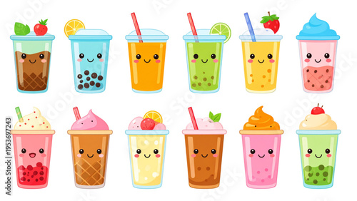 Refreshing summer drinks and ice cream cone with cute faces kawaii beverage vector set featuring soda bottle juice cup bubble tea milkshake cone cold sweet refreshment