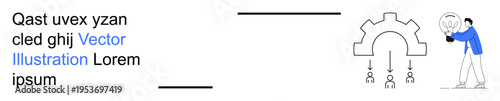 Teamwork, innovation, workflow optimization, problem-solving, efficiency, collaboration. A gear with process flow elements and a person analyzing a lightbulb. Teamwork and innovation concept