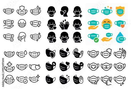 Health icons with face mask hands shield minimal