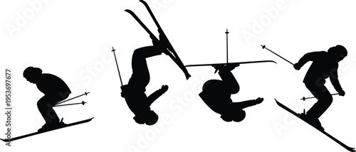 Vector collection of black minimalist skiing silhouettes featuring professional skiers performing jumps backflips and winter sports actions isolated on white background for mountain design