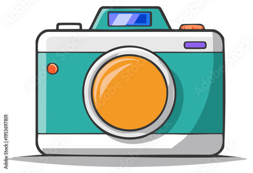 Stylized retro photo camera vector illustration Teal colored vintage equipment for photography hobby