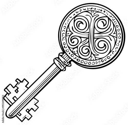 Ornate Vintage Key with Intricate Scrollwork and Decorative Bow