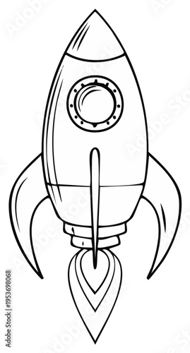 Cartoon rocket ship launching illustration in black and white line art style
