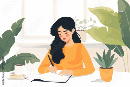 Young hispanic female writing in notebook amidst indoor plants