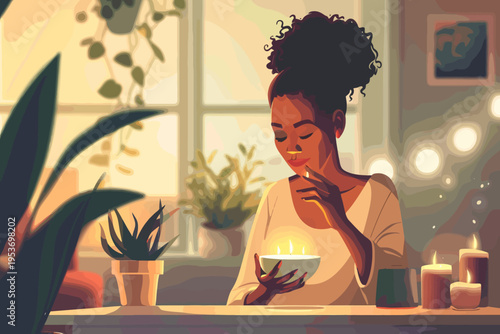 African female adult meditating with candle in cozy indoor setting