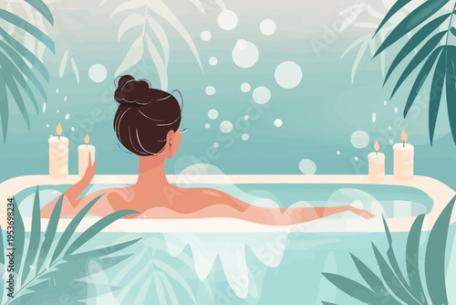 Young female enjoying relaxing bath with candles in tranquil tropical setting