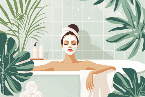 Relaxed woman in bathtub with face mask and towel in serene spa setting