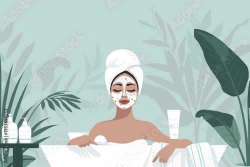 Young female relaxing with skincare mask in spa setting with tropical plants