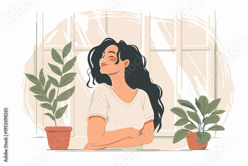 Young hispanic female relaxing with houseplants by a sunlit window