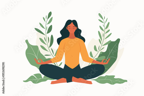 Meditative young female with dark hair practicing yoga in nature-themed illustration