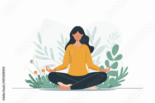 Young hispanic female meditating outdoors with nature background