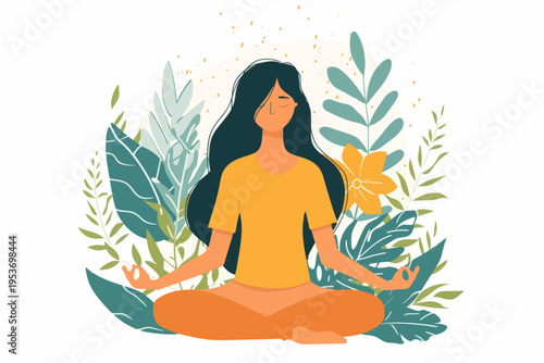 Young hispanic female meditating in nature surrounded by lush greenery