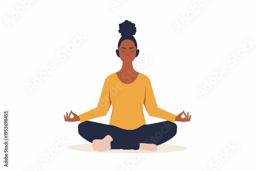 African female practicing yoga meditation in lotus pose on white background