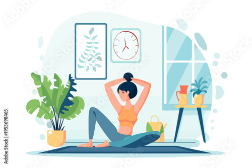 Asian female young adult practicing yoga in calm home environment with plants