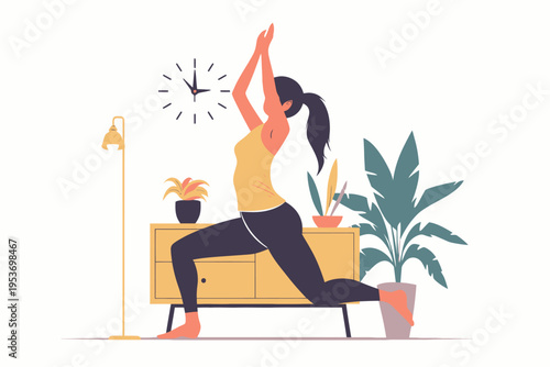 Young hispanic female practicing yoga at home with plants and clock in background