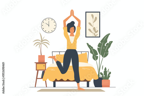 Asian female practicing yoga pose in bedroom with plants and clock decor