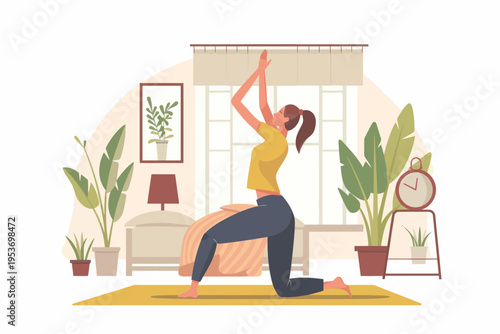 Young caucasian female practicing yoga at home amid cozy bedroom decor