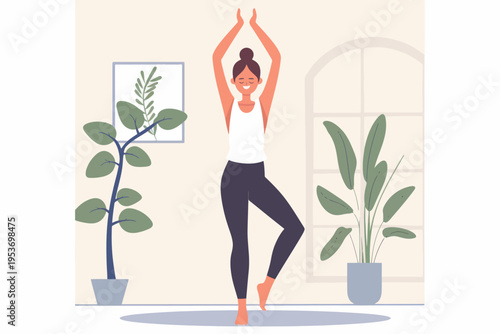 Young caucasian female practicing yoga at home surrounded by plants
