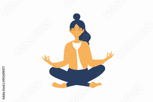 Young female practicing meditation in yellow jacket and blue pants in peaceful pose