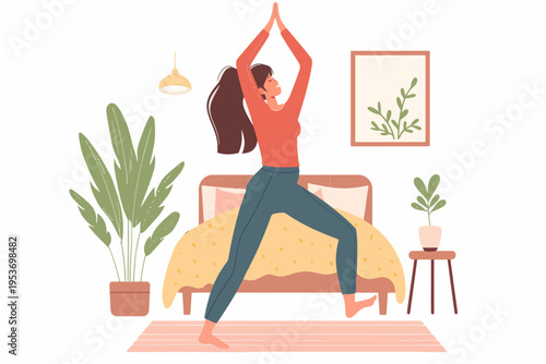 Asian adult female practicing yoga in bedroom with plants and modern decor
