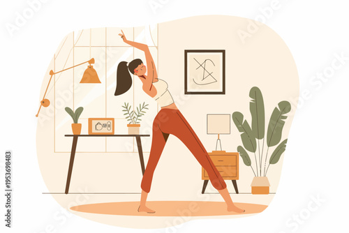 Caucasian female young adult practicing yoga at home in a cozy living room setting