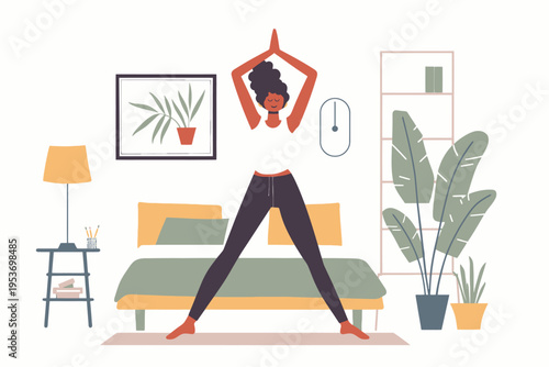 Young african female practicing yoga in cozy bedroom setting