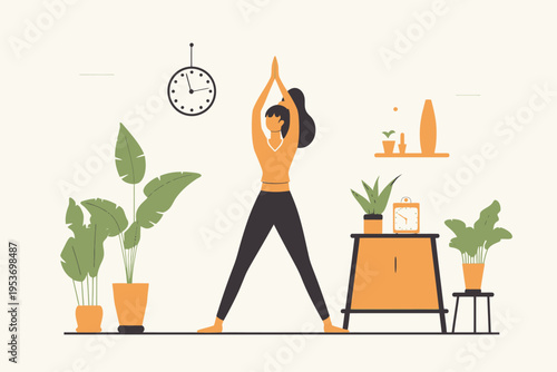 Young asian female practicing yoga at home surrounded by indoor plants