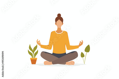 Young caucasian female meditating in yoga pose with indoor plants