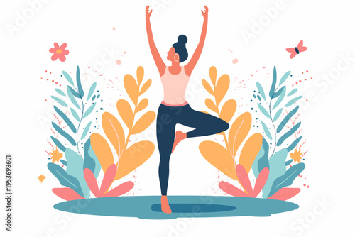 Young hispanic female practicing yoga outdoors amid colorful plants