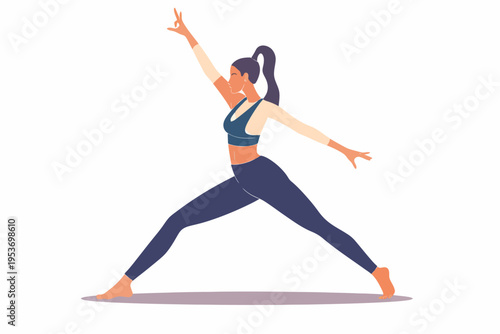 Young hispanic female in yoga warrior pose on white background