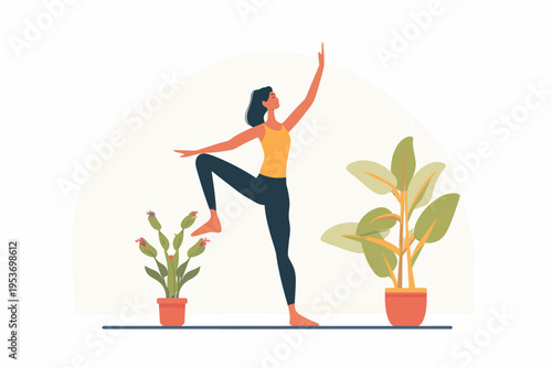 Young female practicing yoga pose indoors with potted plants in background