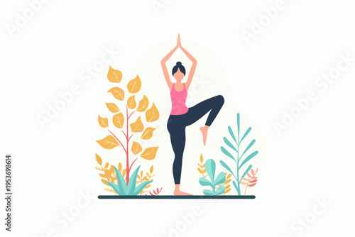 Asian female practicing yoga in nature with plants and leaves