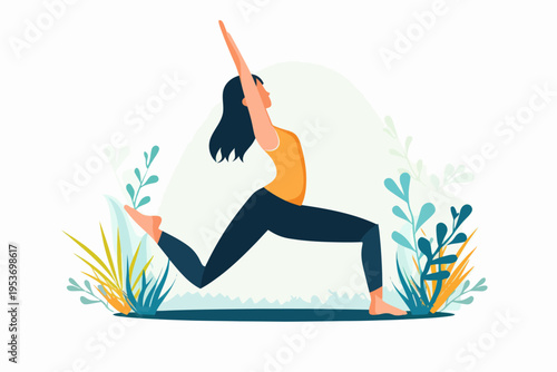 Asian female practicing yoga outdoors in warrior pose surrounded by nature