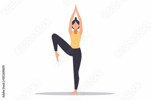 Asian female practicing yoga in tree pose against a white background