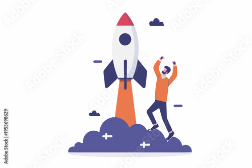 Young caucasian male celebrating rocket launch and success in minimalist illustration