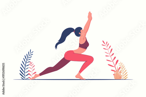 Asian young female practicing yoga in warrior pose with foliage decor