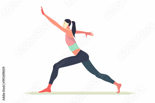 Asian female adult performing yoga warrior pose on mat