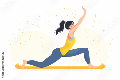 Young caucasian female practicing yoga in lunge pose on mat