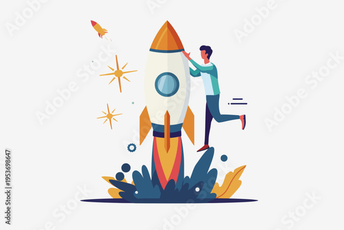 Young adult male launching cartoon rocket in space adventure concept art