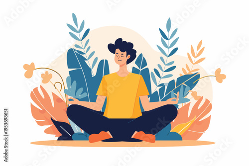 Young male meditating in nature surrounded by colorful leaves