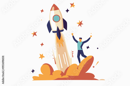 Young male launching rocket with joyful celebration and stars