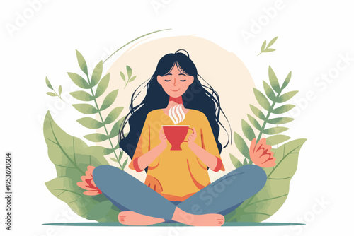 Young asian female relaxing with coffee amidst lush greenery