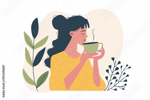 Young caucasian female relaxing with coffee surrounded by plants