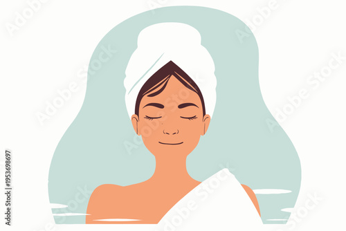 Young female enjoying relaxing spa experience with towel and freckles