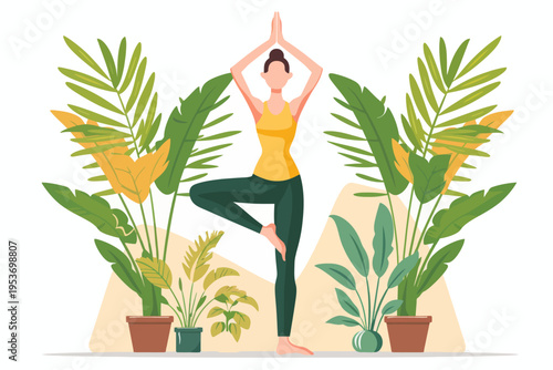 Young female practicing yoga pose among green plants