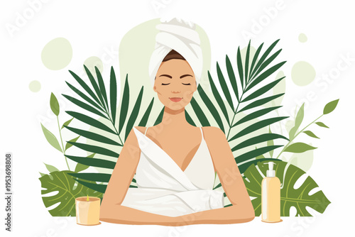 Young caucasian female relaxing with spa towel among tropical leaves