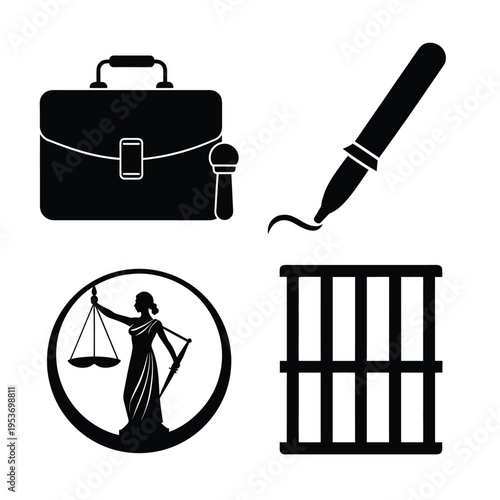 Law Justice Briefcase Pen Icon Set