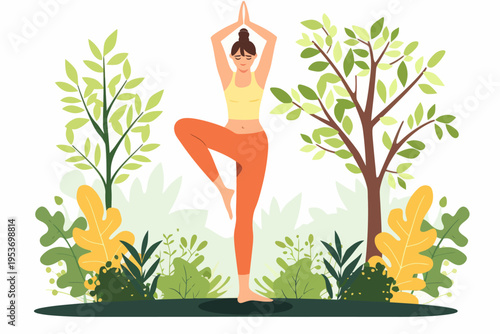 Young caucasian female practicing yoga outdoors in nature with trees and greenery